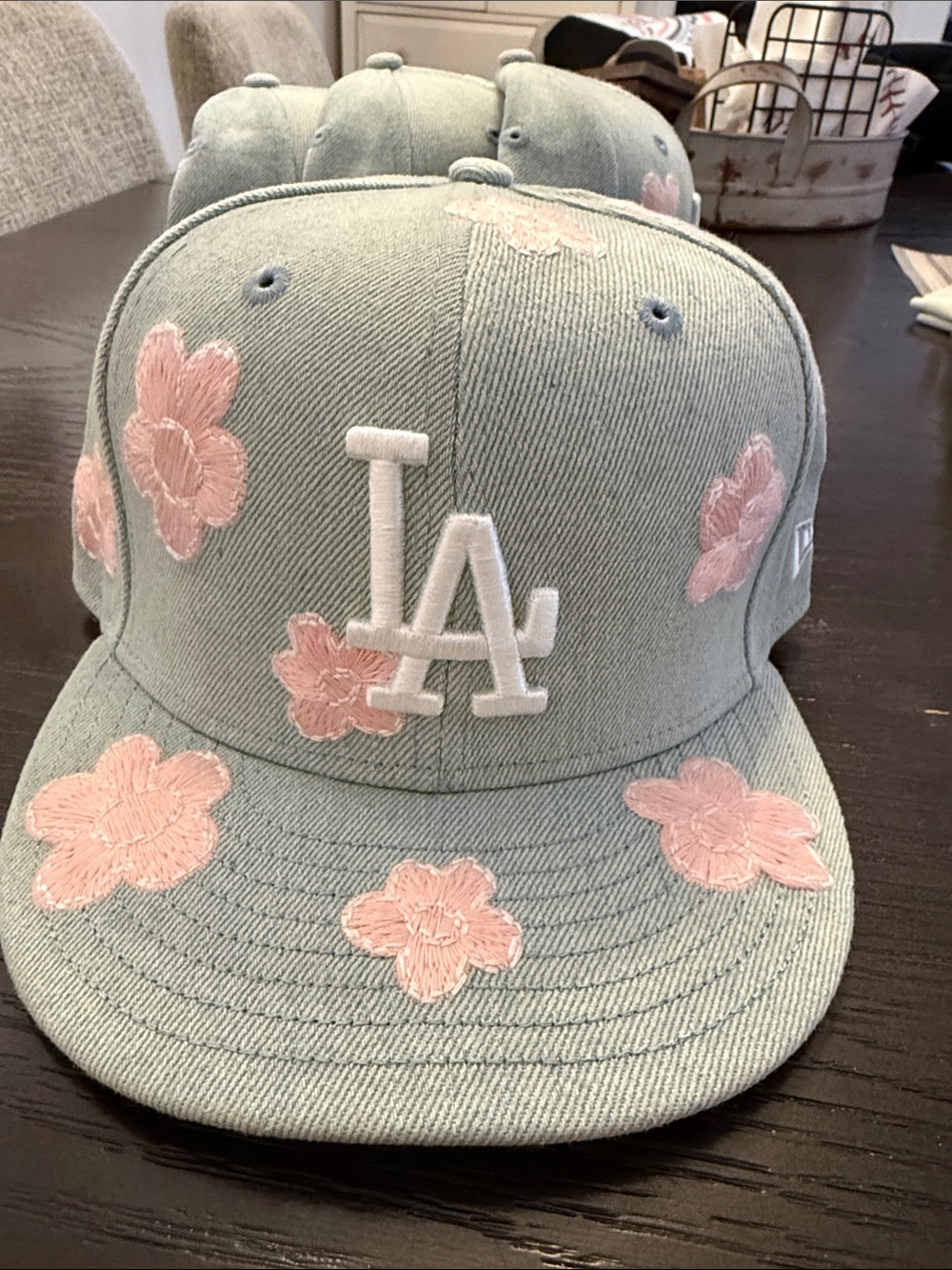 New Era 59Fifty Fitted Hat Sz 7 1/4 Denim w/Flowers New MLB LA Dodgers Exclusive